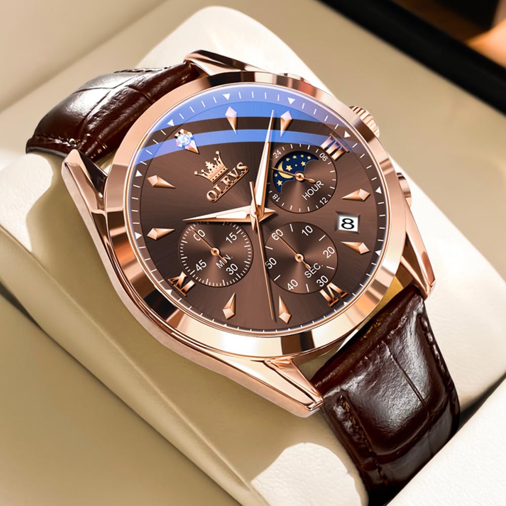 OLEVS Men's Leather Analog Quartz Watch - Luxury Chronograph Wristwatch with Date, Waterproof, Luminous - Dress Style