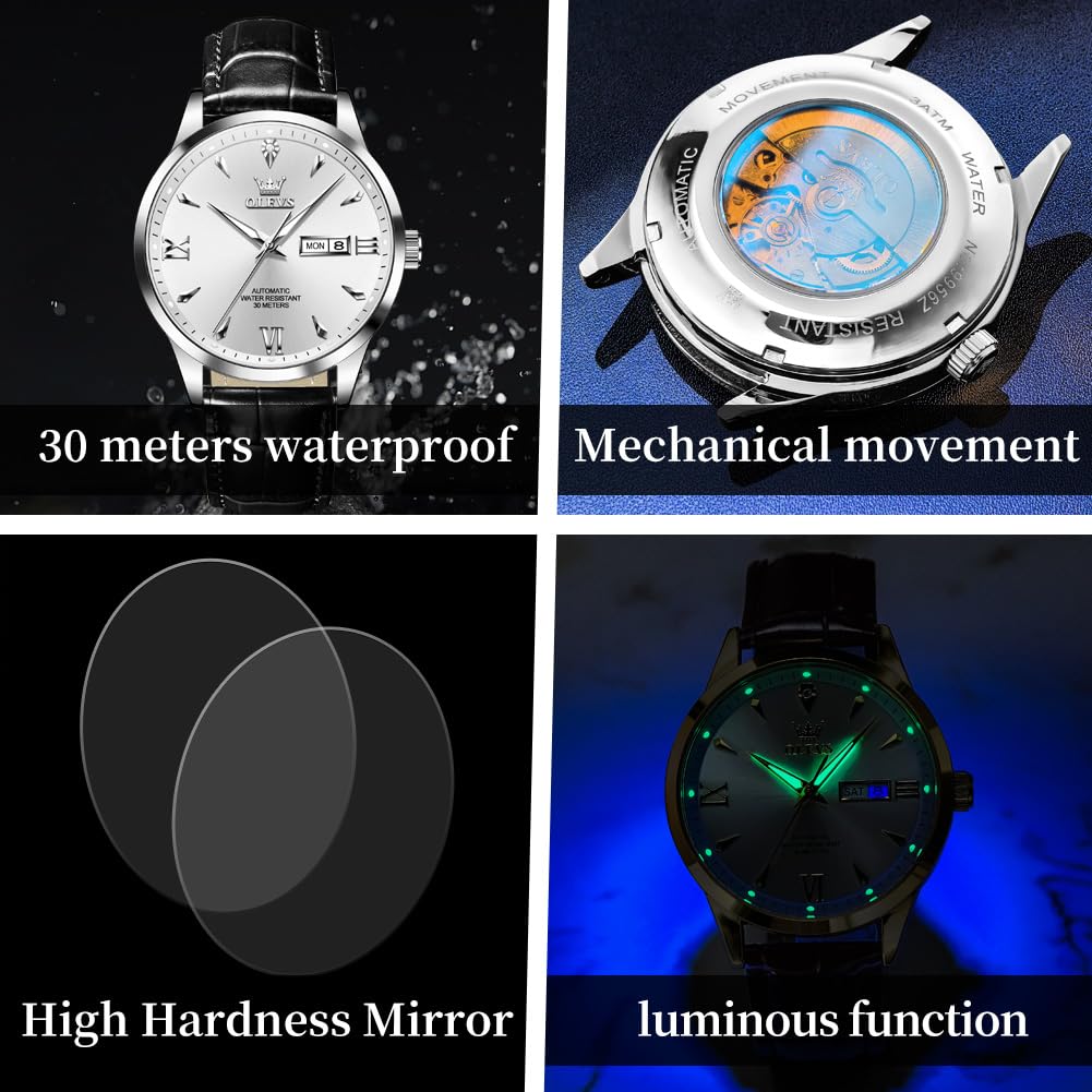 OLEVS Men's Leather Analog Quartz Watch - Luxury Chronograph Wristwatch with Date, Waterproof, Luminous - Dress Style