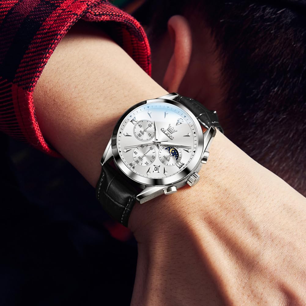 OLEVS Men's Leather Analog Quartz Watch - Luxury Chronograph Wristwatch with Date, Waterproof, Luminous - Dress Style