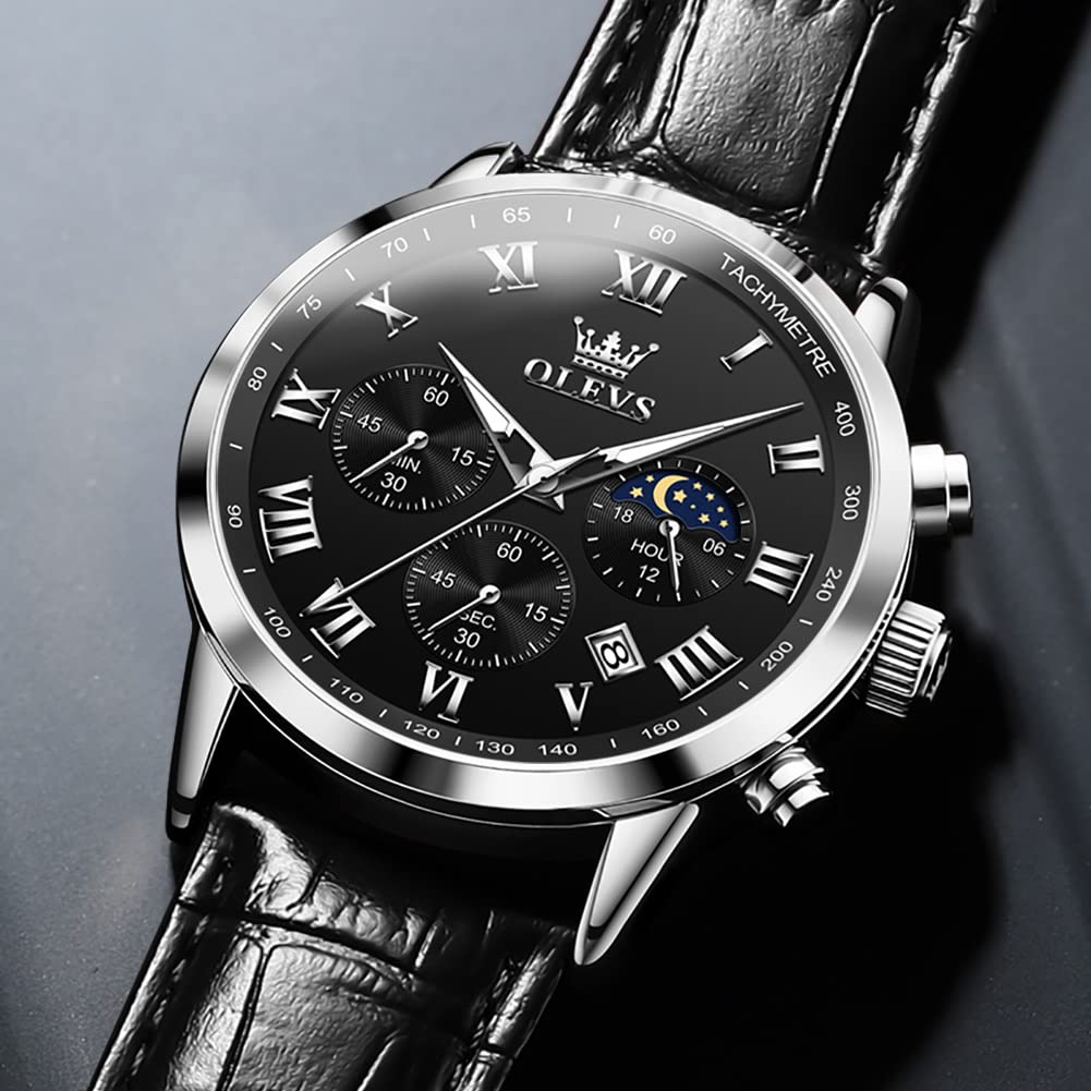 OLEVS Men's Leather Analog Quartz Watch - Luxury Chronograph Wristwatch with Date, Waterproof, Luminous - Dress Style
