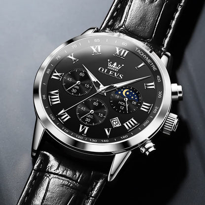 OLEVS Men's Leather Analog Quartz Watch - Luxury Chronograph Wristwatch with Date, Waterproof, Luminous - Dress Style