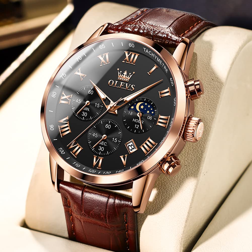 OLEVS Men's Leather Analog Quartz Watch - Luxury Chronograph Wristwatch with Date, Waterproof, Luminous - Dress Style