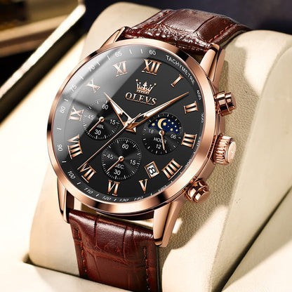 OLEVS Men's Leather Analog Quartz Watch - Luxury Chronograph Wristwatch with Date, Waterproof, Luminous - Dress Style