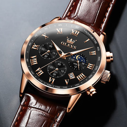 OLEVS Men's Leather Analog Quartz Watch - Luxury Chronograph Wristwatch with Date, Waterproof, Luminous - Dress Style