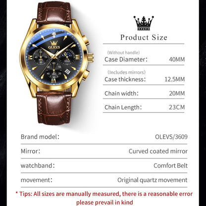 OLEVS Men's Leather Analog Quartz Watch - Luxury Chronograph Wristwatch with Date, Waterproof, Luminous - Dress Style