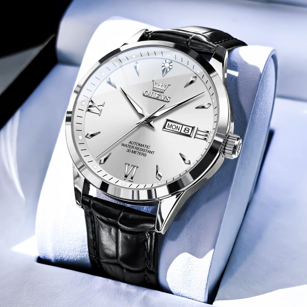 OLEVS Men's Leather Analog Quartz Watch - Luxury Chronograph Wristwatch with Date, Waterproof, Luminous - Dress Style