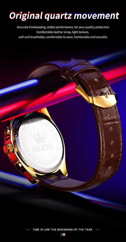 OLEVS Men's Leather Analog Quartz Watch - Luxury Chronograph Wristwatch with Date, Waterproof, Luminous - Dress Style
