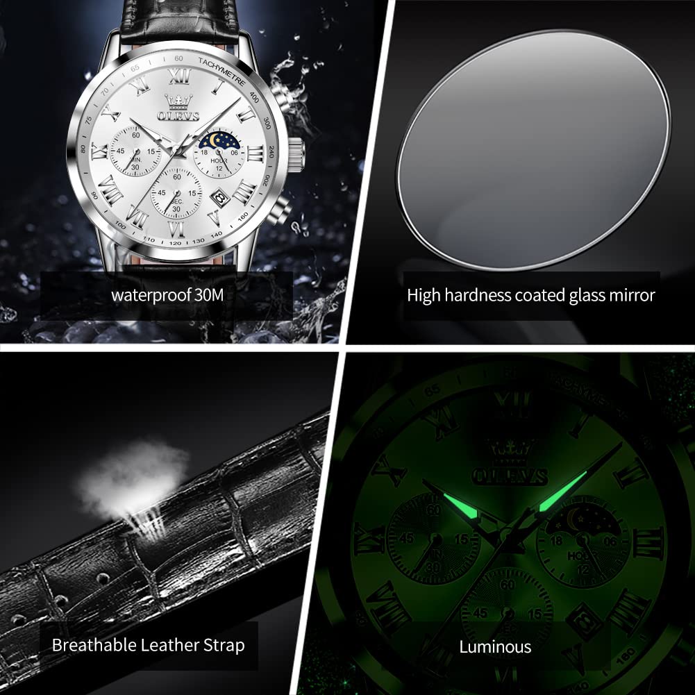 OLEVS Men's Leather Analog Quartz Watch - Luxury Chronograph Wristwatch with Date, Waterproof, Luminous - Dress Style