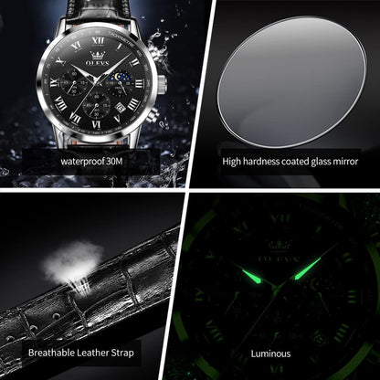 OLEVS Men's Leather Analog Quartz Watch - Luxury Chronograph Wristwatch with Date, Waterproof, Luminous - Dress Style