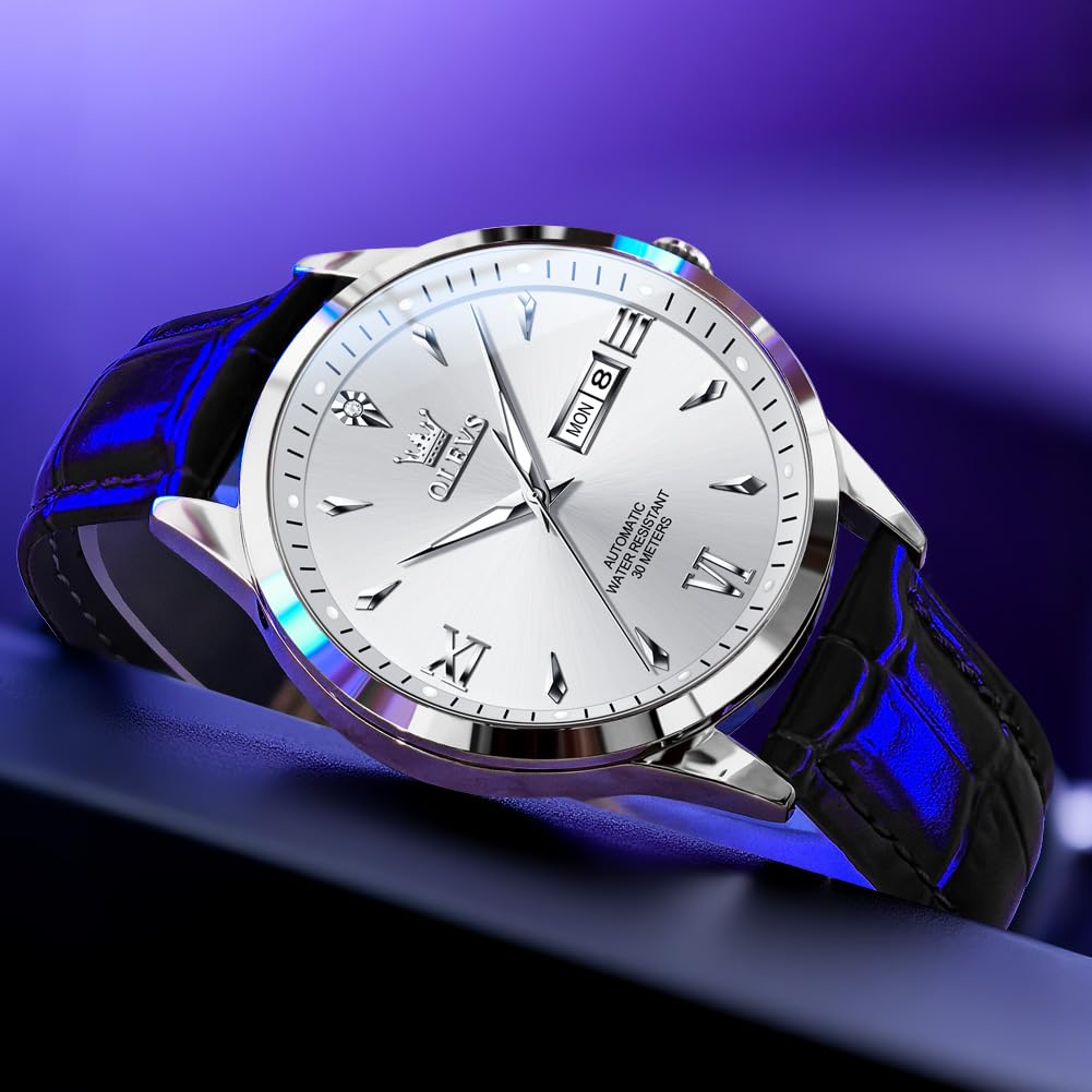 OLEVS Men's Leather Analog Quartz Watch - Luxury Chronograph Wristwatch with Date, Waterproof, Luminous - Dress Style