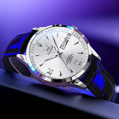 OLEVS Men's Leather Analog Quartz Watch - Luxury Chronograph Wristwatch with Date, Waterproof, Luminous - Dress Style
