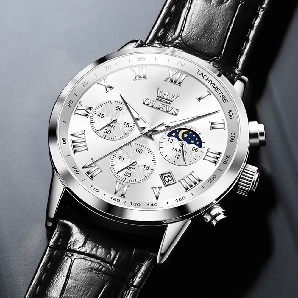 OLEVS Men's Leather Analog Quartz Watch - Luxury Chronograph Wristwatch with Date, Waterproof, Luminous - Dress Style