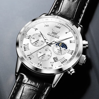 OLEVS Men's Leather Analog Quartz Watch - Luxury Chronograph Wristwatch with Date, Waterproof, Luminous - Dress Style