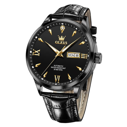 OLEVS Men's Leather Analog Quartz Watch - Luxury Chronograph Wristwatch with Date, Waterproof, Luminous - Dress Style