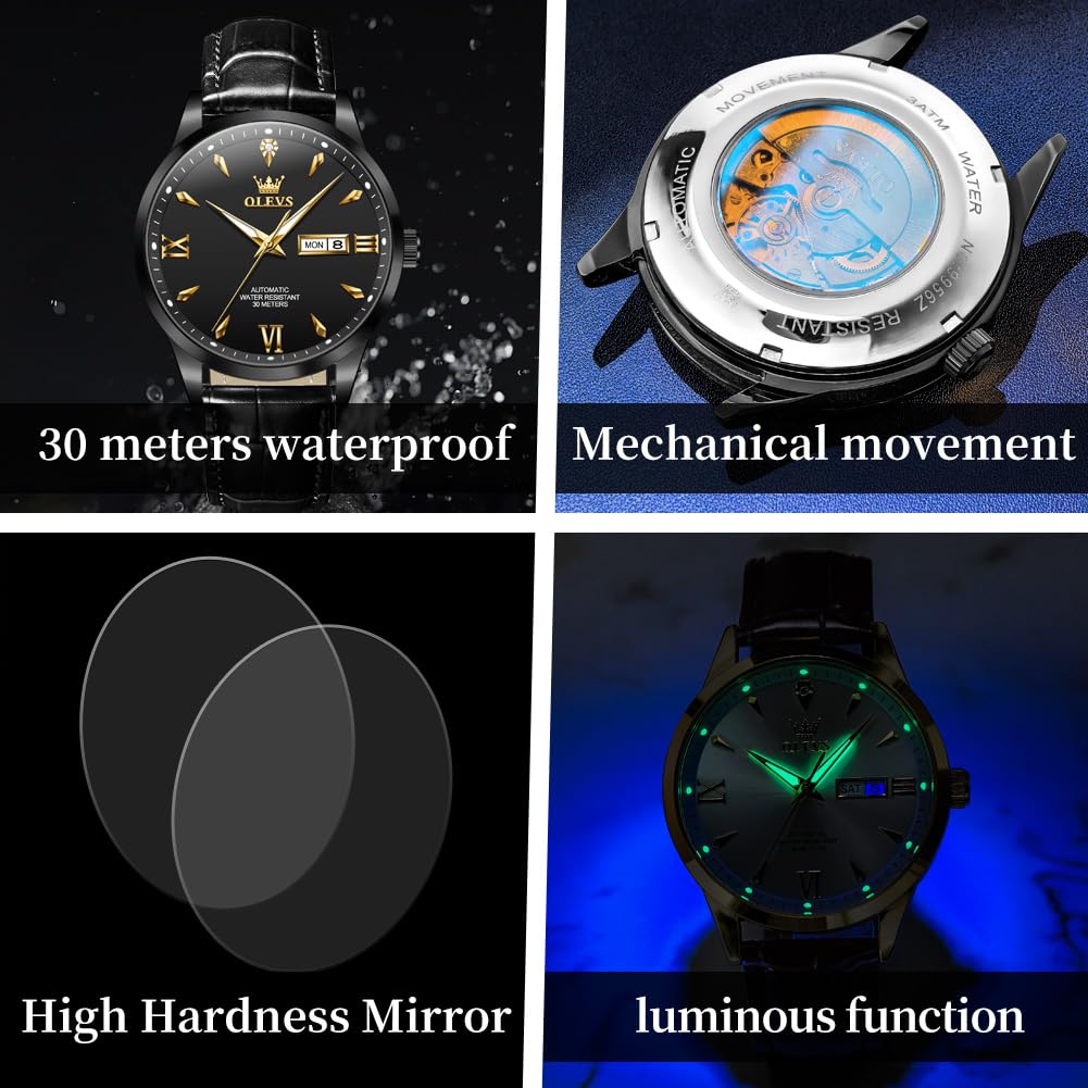 OLEVS Men's Leather Analog Quartz Watch - Luxury Chronograph Wristwatch with Date, Waterproof, Luminous - Dress Style