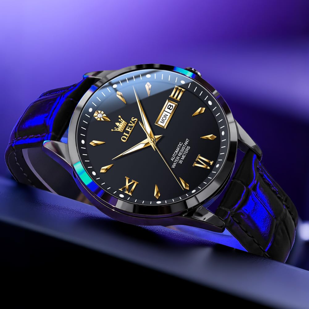 OLEVS Men's Leather Analog Quartz Watch - Luxury Chronograph Wristwatch with Date, Waterproof, Luminous - Dress Style