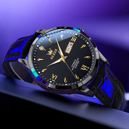 OLEVS Men's Leather Analog Quartz Watch - Luxury Chronograph Wristwatch with Date, Waterproof, Luminous - Dress Style