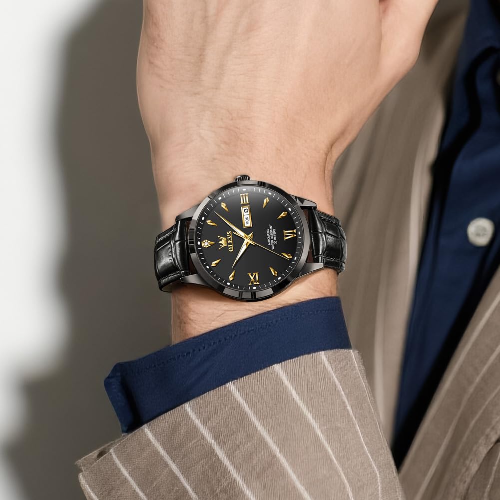 OLEVS Men's Leather Analog Quartz Watch - Luxury Chronograph Wristwatch with Date, Waterproof, Luminous - Dress Style