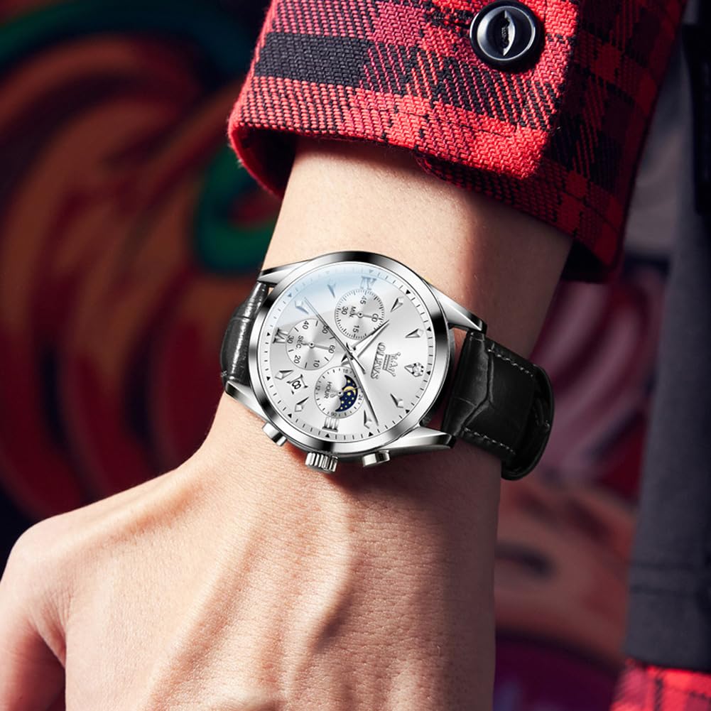 OLEVS Men's Leather Analog Quartz Watch - Luxury Chronograph Wristwatch with Date, Waterproof, Luminous - Dress Style
