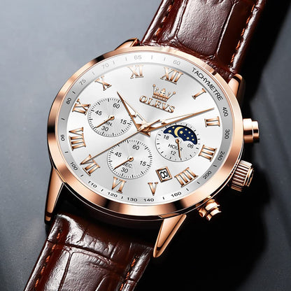 OLEVS Men's Leather Analog Quartz Watch - Luxury Chronograph Wristwatch with Date, Waterproof, Luminous - Dress Style