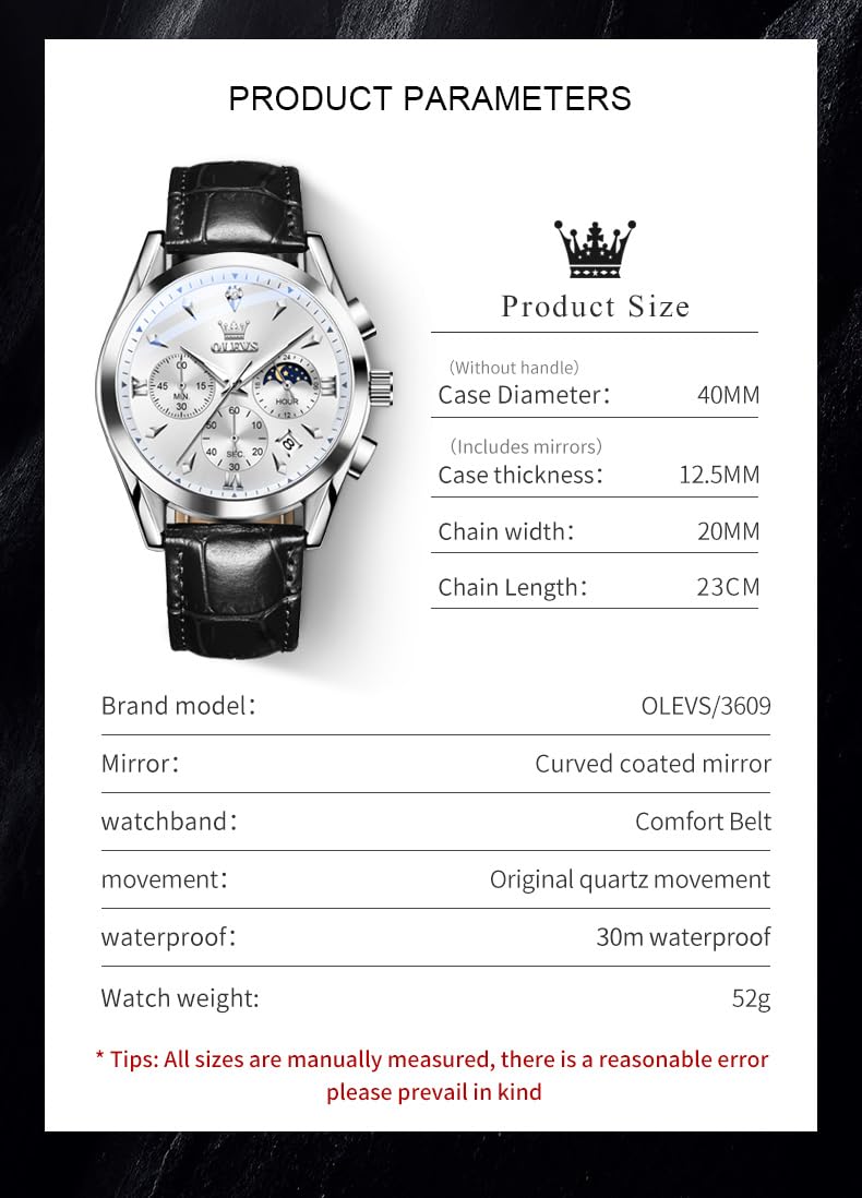 OLEVS Men's Leather Analog Quartz Watch - Luxury Chronograph Wristwatch with Date, Waterproof, Luminous - Dress Style