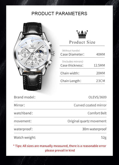 OLEVS Men's Leather Analog Quartz Watch - Luxury Chronograph Wristwatch with Date, Waterproof, Luminous - Dress Style