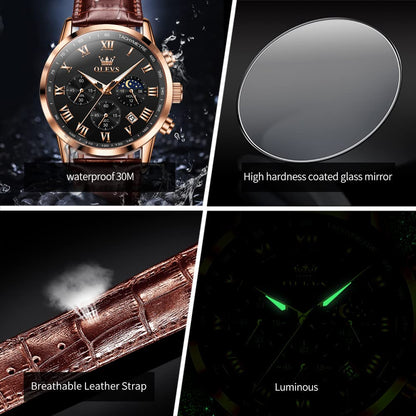 OLEVS Men's Leather Analog Quartz Watch - Luxury Chronograph Wristwatch with Date, Waterproof, Luminous - Dress Style