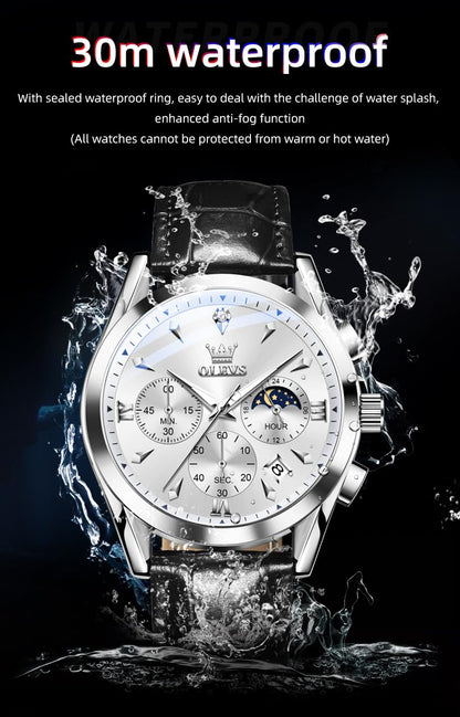 OLEVS Men's Leather Analog Quartz Watch - Luxury Chronograph Wristwatch with Date, Waterproof, Luminous - Dress Style