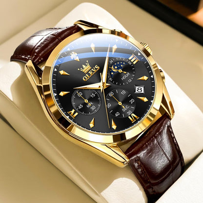 OLEVS Men's Leather Analog Quartz Watch - Luxury Chronograph Wristwatch with Date, Waterproof, Luminous - Dress Style