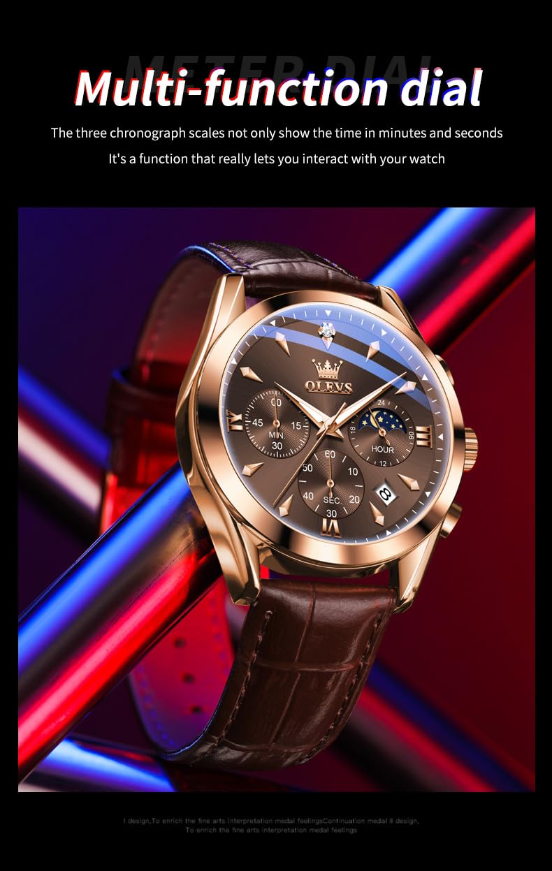 OLEVS Men's Leather Analog Quartz Watch - Luxury Chronograph Wristwatch with Date, Waterproof, Luminous - Dress Style