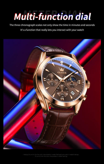 OLEVS Men's Leather Analog Quartz Watch - Luxury Chronograph Wristwatch with Date, Waterproof, Luminous - Dress Style