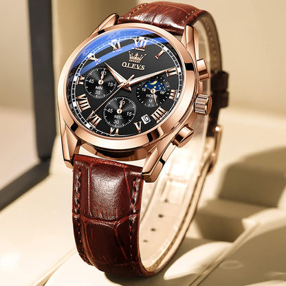 OLEVS Men's Leather Analog Quartz Watch - Luxury Chronograph Wristwatch with Date, Waterproof, Luminous - Dress Style