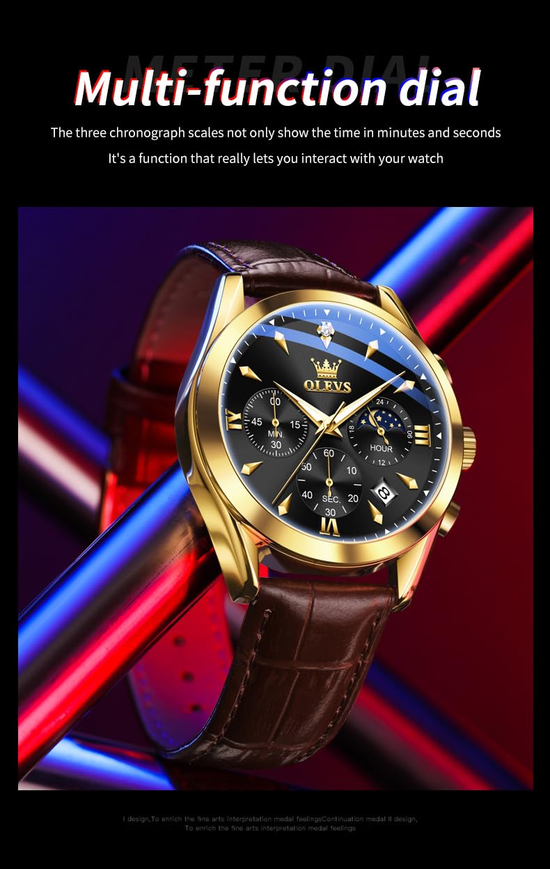 OLEVS Men's Leather Analog Quartz Watch - Luxury Chronograph Wristwatch with Date, Waterproof, Luminous - Dress Style