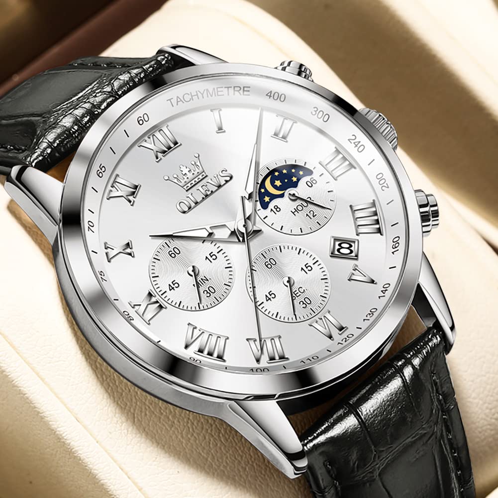 OLEVS Men's Leather Analog Quartz Watch - Luxury Chronograph Wristwatch with Date, Waterproof, Luminous - Dress Style