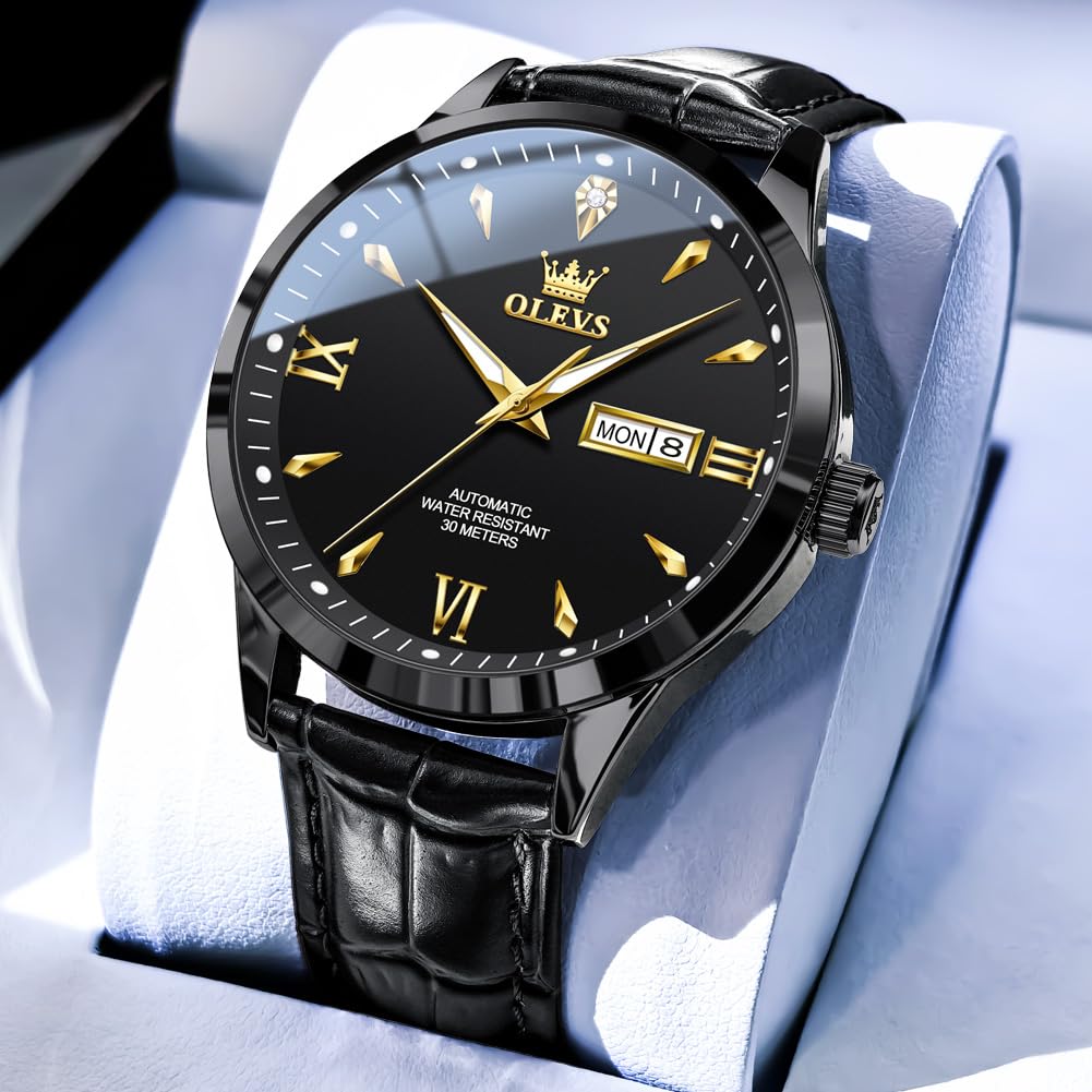 OLEVS Men's Leather Analog Quartz Watch - Luxury Chronograph Wristwatch with Date, Waterproof, Luminous - Dress Style