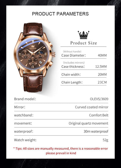 OLEVS Men's Leather Analog Quartz Watch - Luxury Chronograph Wristwatch with Date, Waterproof, Luminous - Dress Style