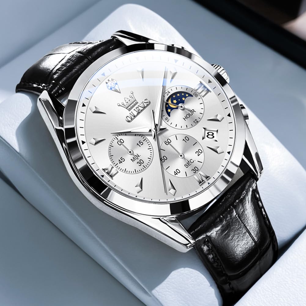 OLEVS Men's Leather Analog Quartz Watch - Luxury Chronograph Wristwatch with Date, Waterproof, Luminous - Dress Style