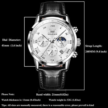 OLEVS Men's Leather Analog Quartz Watch - Luxury Chronograph Wristwatch with Date, Waterproof, Luminous - Dress Style