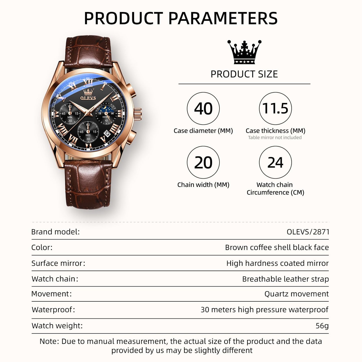 OLEVS Men's Leather Analog Quartz Watch - Luxury Chronograph Wristwatch with Date, Waterproof, Luminous - Dress Style