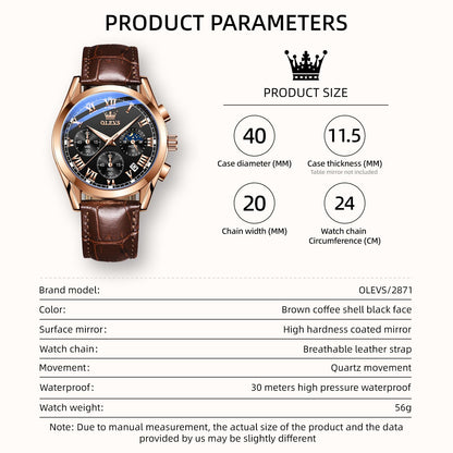 OLEVS Men's Leather Analog Quartz Watch - Luxury Chronograph Wristwatch with Date, Waterproof, Luminous - Dress Style