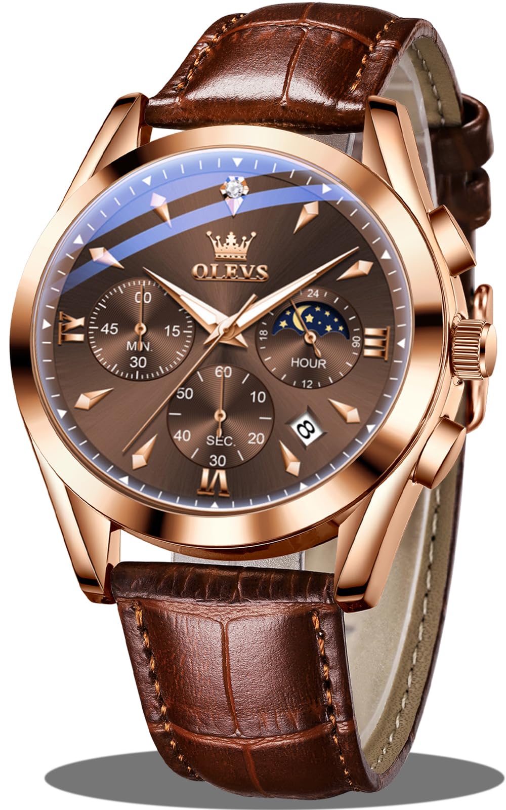 OLEVS Men's Leather Analog Quartz Watch - Luxury Chronograph Wristwatch with Date, Waterproof, Luminous - Dress Style