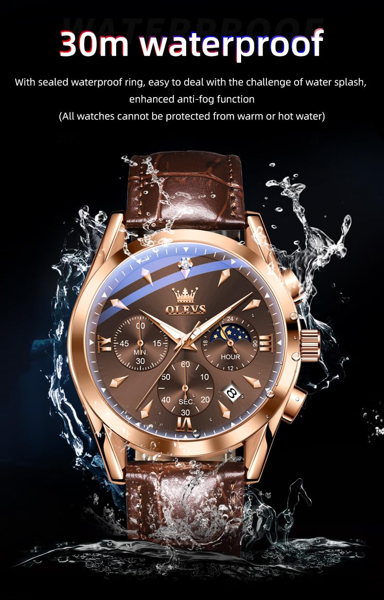 OLEVS Men's Leather Analog Quartz Watch - Luxury Chronograph Wristwatch with Date, Waterproof, Luminous - Dress Style