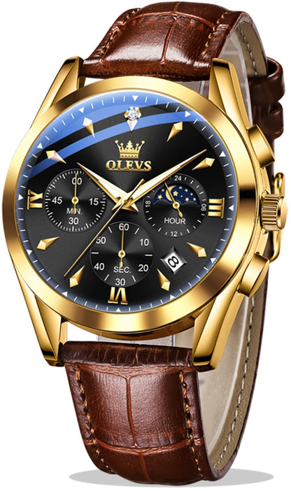OLEVS Men's Leather Analog Quartz Watch - Luxury Chronograph Wristwatch with Date, Waterproof, Luminous - Dress Style