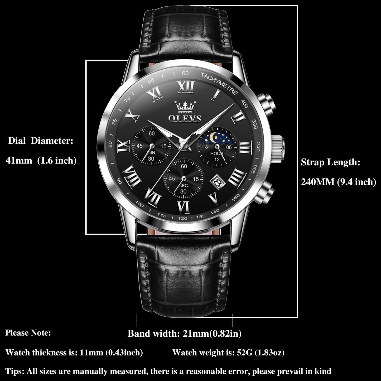 OLEVS Men's Leather Analog Quartz Watch - Luxury Chronograph Wristwatch with Date, Waterproof, Luminous - Dress Style