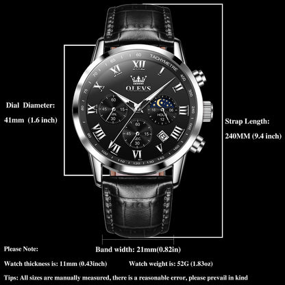 OLEVS Men's Leather Analog Quartz Watch - Luxury Chronograph Wristwatch with Date, Waterproof, Luminous - Dress Style