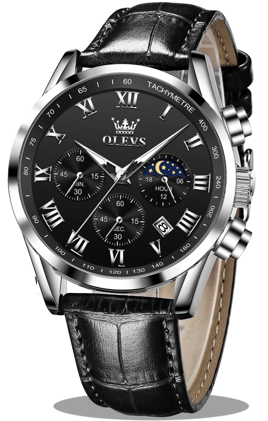 OLEVS Men's Leather Analog Quartz Watch - Luxury Chronograph Wristwatch with Date, Waterproof, Luminous - Dress Style