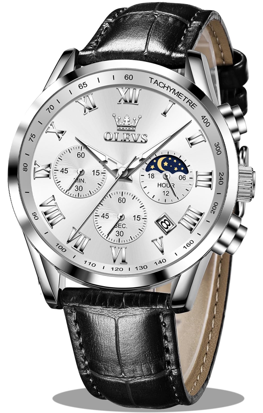 OLEVS Men's Leather Analog Quartz Watch - Luxury Chronograph Wristwatch with Date, Waterproof, Luminous - Dress Style