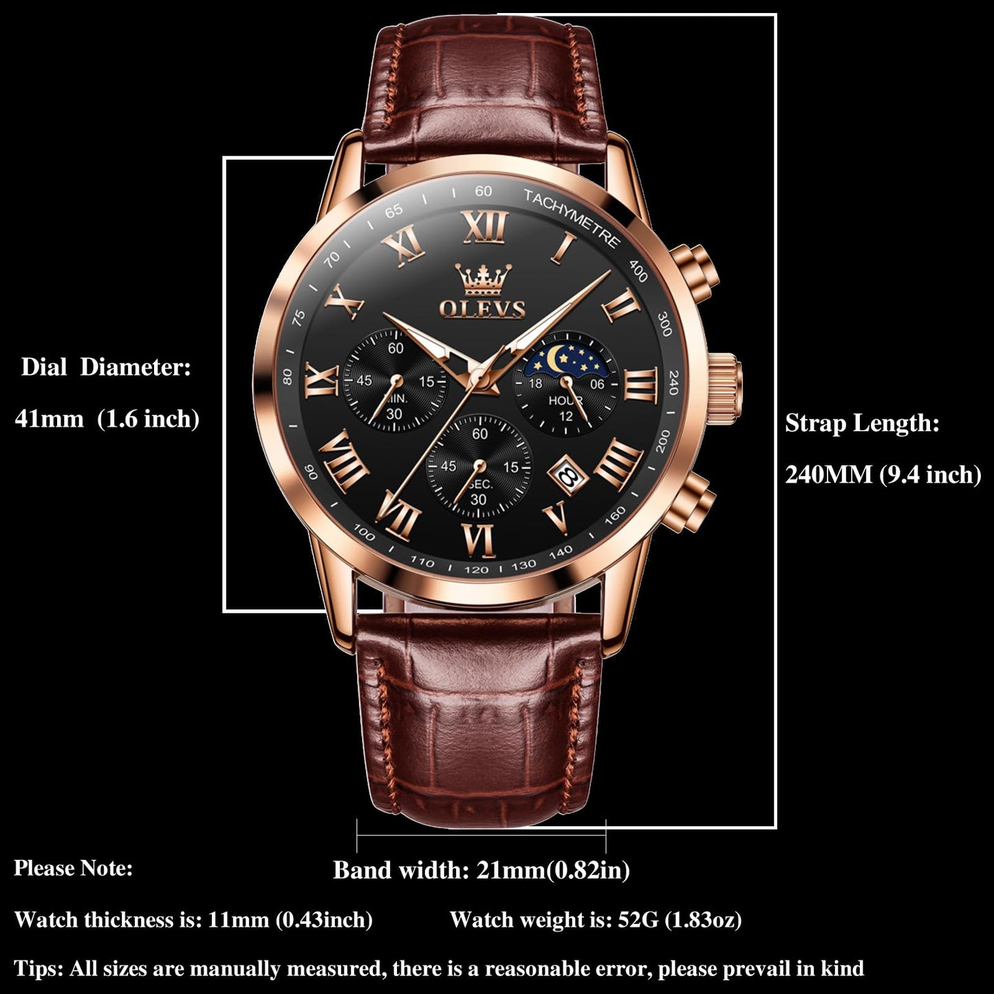 OLEVS Men's Leather Analog Quartz Watch - Luxury Chronograph Wristwatch with Date, Waterproof, Luminous - Dress Style