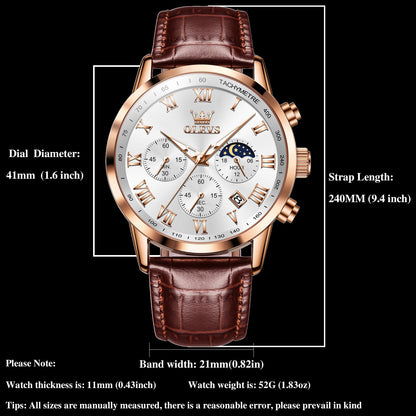 OLEVS Men's Leather Analog Quartz Watch - Luxury Chronograph Wristwatch with Date, Waterproof, Luminous - Dress Style