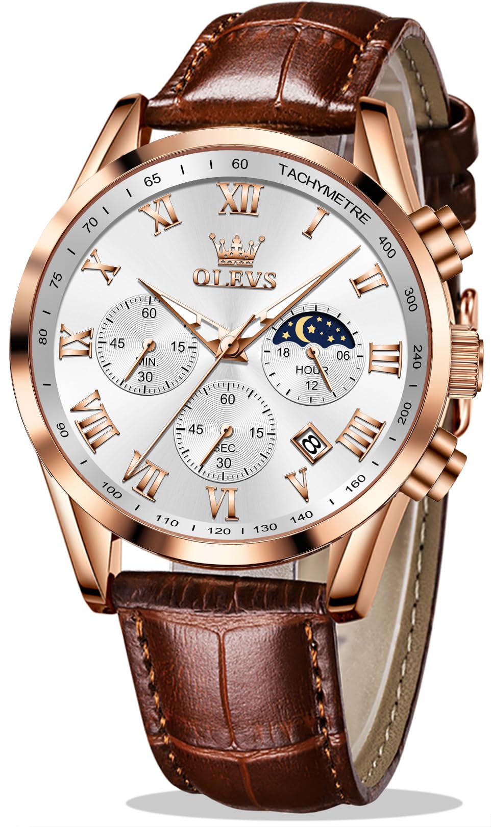 OLEVS Men's Leather Analog Quartz Watch - Luxury Chronograph Wristwatch with Date, Waterproof, Luminous - Dress Style